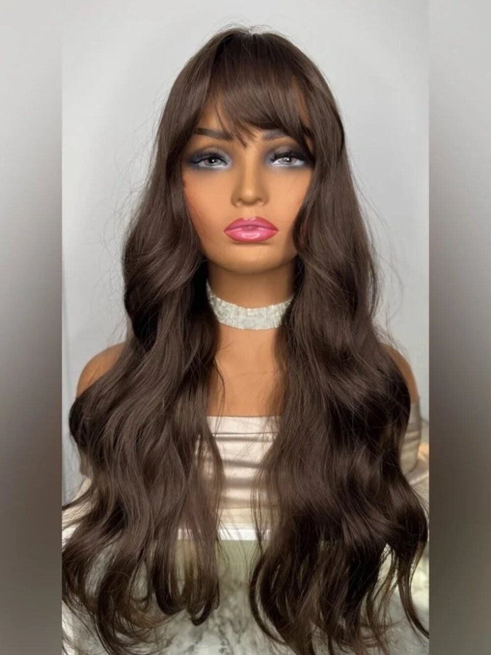 Long Mocha Brown Synthetic Wig w/ Bangs – 26” Wavy Hair – Natural Look
